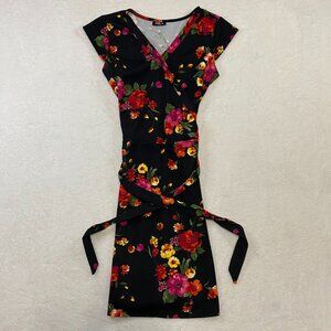 ISCA Pink Floral Black Dress With Belt Size Medium